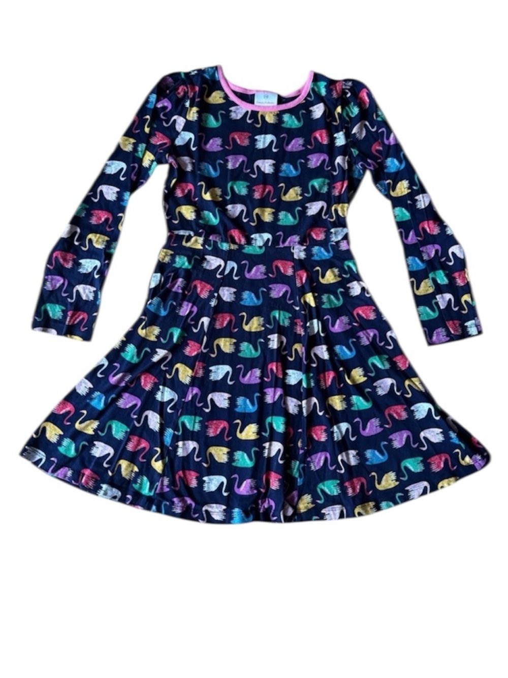 Hanna Andersson Girls Size 12 Swan Print Long Sleeve Skater Dress Blue